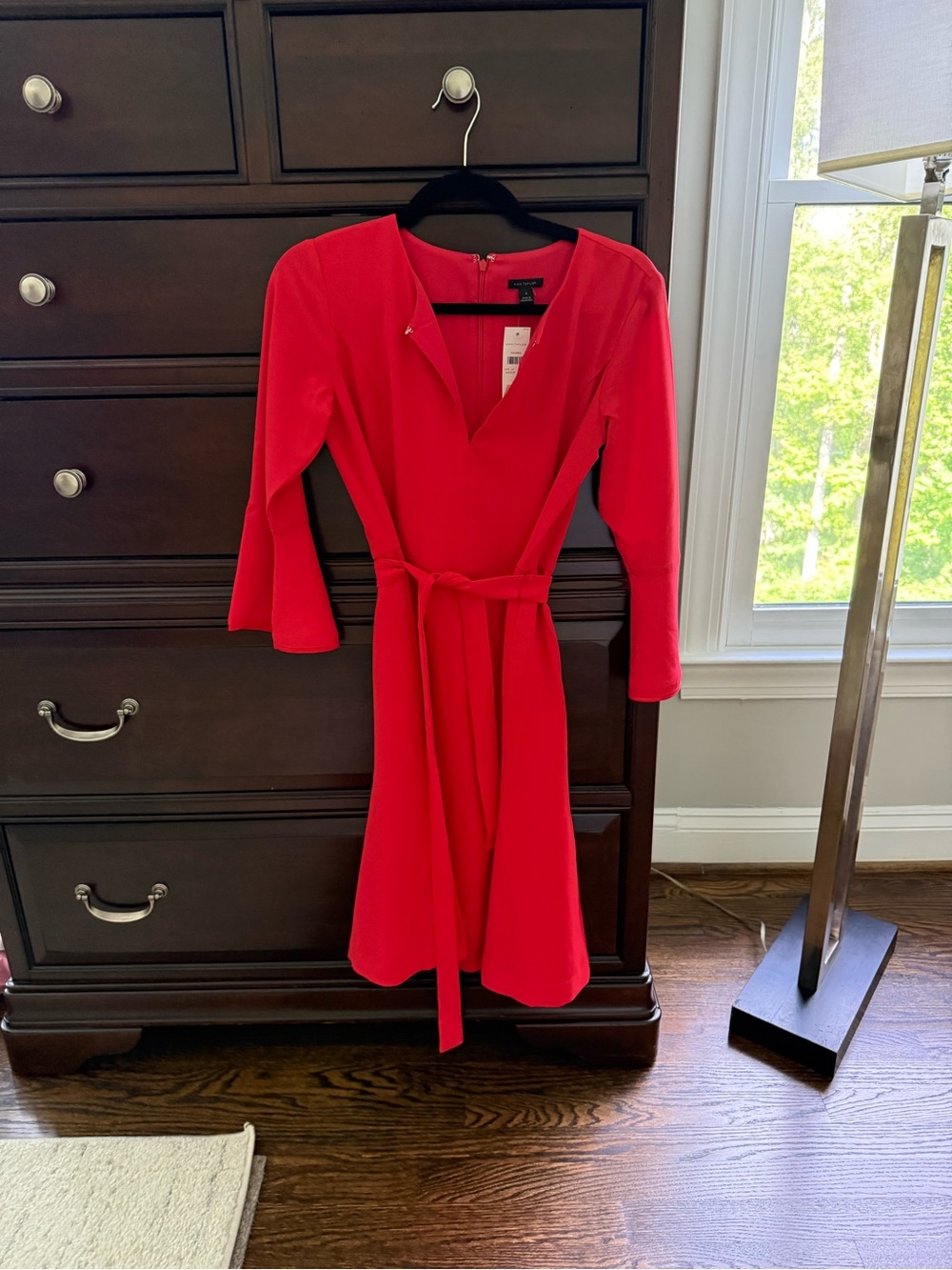Ann Taylor Red Long-Sleeve Belted V-Neck Dress